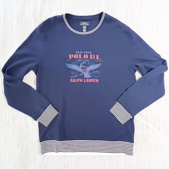 Polo Shirt Ralph Lauren Navy Blue Polo Eagle Logo Waffle Knit Crewneck - Picture 2 of 13